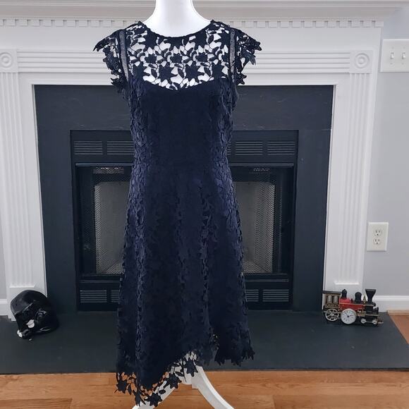 Eliza J Fit & Flare Lace Illusion Waltz Below the Knee Dress Black Women’s 12 - Picture 2 of 7